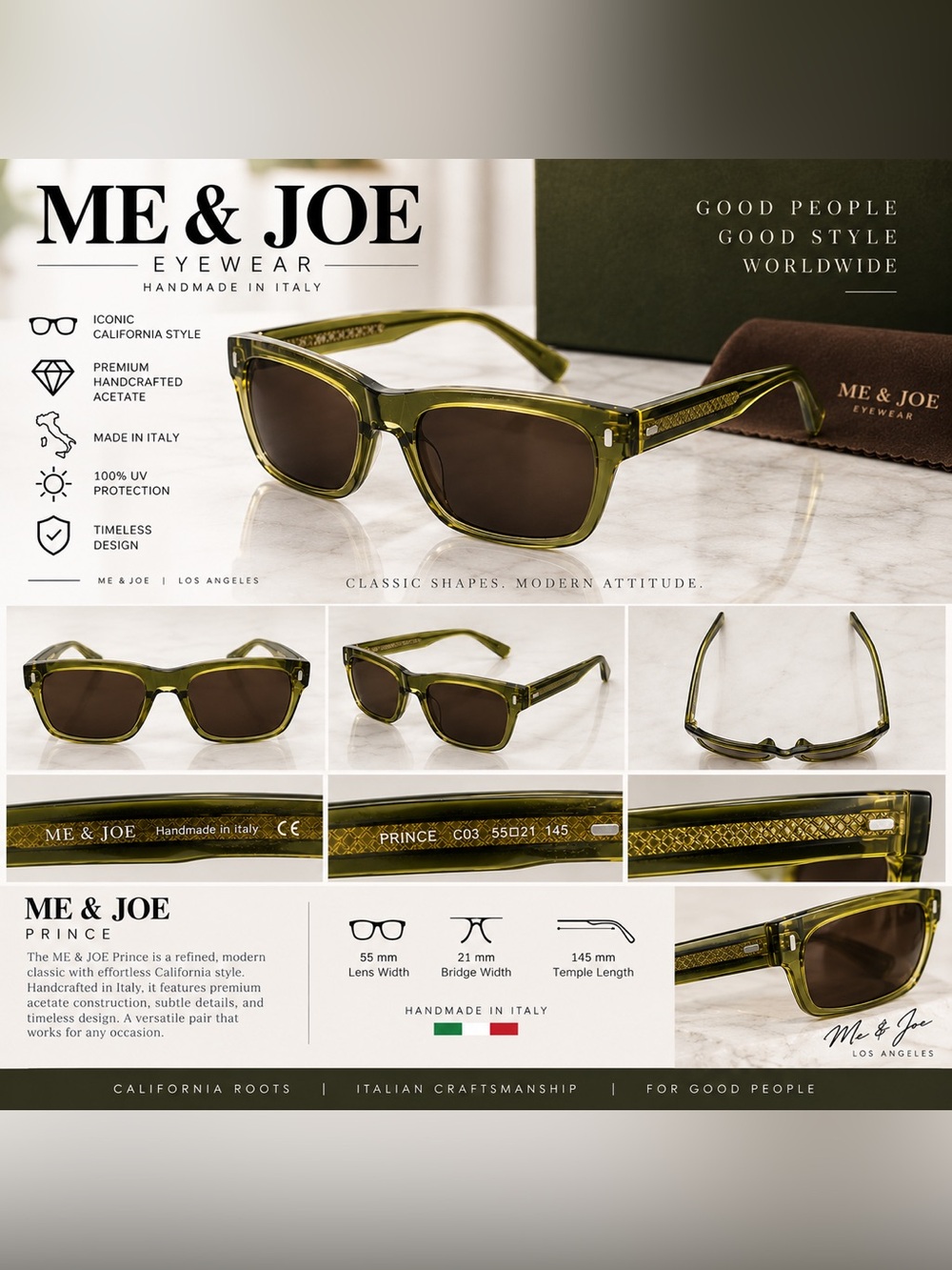 ME & JOE Prince C03 Sunglasses 55-21-145 Olive Green Handmade in Italy